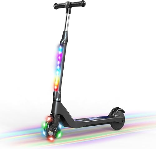 Electric Scooter for Kids Ages 6-12, Foldable Kick Scooter with Adjustable Height, 80W Motor, 6 MPH, Colorful LED Lights, Dual Brakes, Lightweight & Portable Design - Supports up to 140 lbs