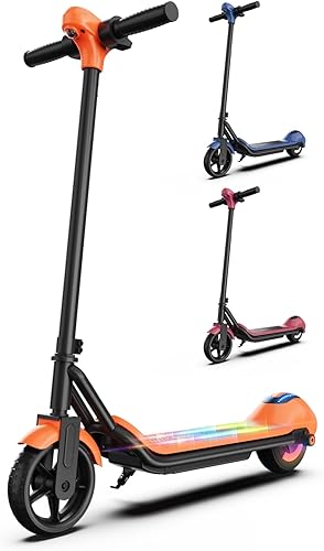 Electric Scooter for Kids Aged 6-12, Colorful Lights, Bluetooth Music, Max 5 Miles & 9 Mph by 110W Motor, E-Scooter with Push-Button Throttle and Electric Brake, LED Wheels