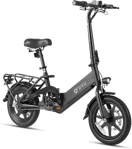 DYU Electric Bike, 350W Motor Folding Electric Bicycles, 36V 7.5Ah Battery, 3 Levels Assist, Dual Disc Brakes, 14