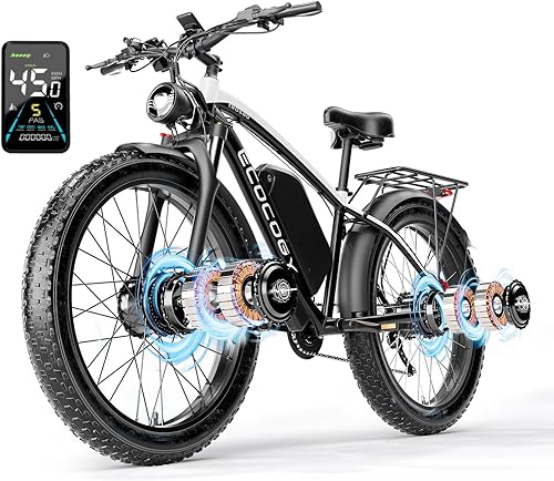 Dual Motor Electric Bikes for Adults, 5000W Peak Ebikes, 52V 32Ah, Max 40-45MPH &100 Miles E-Bike, Hydraulic Disc Brake , 26" Fat Tire Off Road Snow Mountain E-bikes, 7-Speed Pedal Assist Bicycle