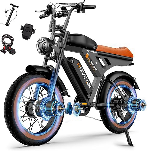 MOVCAN V30PROMAX Dual Motor Dual Battery Electric Bike for Adults Peak 3000W Motor, 37.5MPH &120Miles, 20" Fat Tire Electric Motorcycle Bike, 5-Layer Full Suspension for Commuting/ Off-roading,Brown