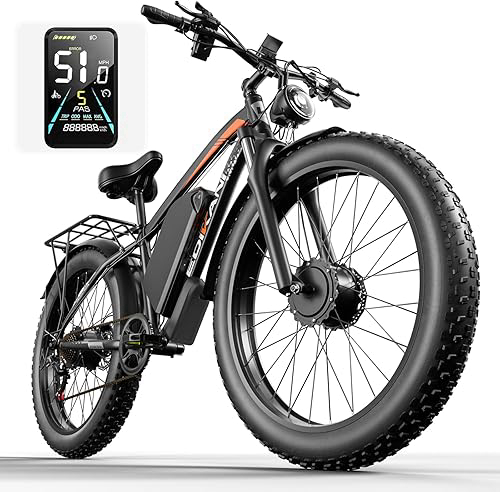 Electric Bike for Adult, 32Ah 52V Dual Motor Ebikes, 51MPH Peak 5000W Electric Bike Fastest Ebike, 130 Miles Electric Bicycle, 26” Fat Tire Mens E Bike, Hydraulic Disc Brake, Front Suspension 7 Speed