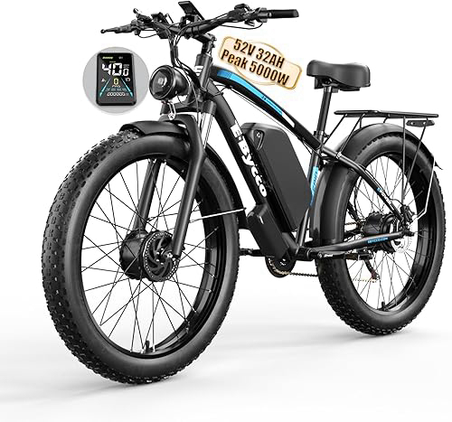 Electric Bike, Max 40-45MPH&100 Miles,5000W Peak Dual Motor Adult E-Bike, 52V 32Ah Battery, 24''/26“ Hydraulic Disc Brakes, Fat Tire All-Terrain Hunting Electric Bike, Front Suspension