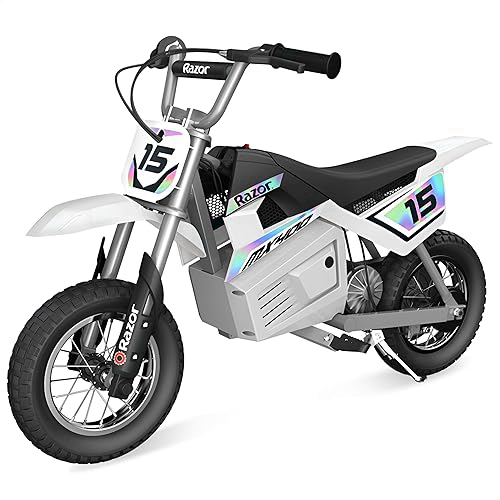 Razor MX400 Dirt Rocket Electric Bike for Kids Ages 8+, 140 lb Max Weight, White – 24V Battery, Up to 14 Mph, 30-Min Ride Time on High Speed, Twist-Grip Throttle, Spoked Wheels w/ 12” Pneumatic Tires