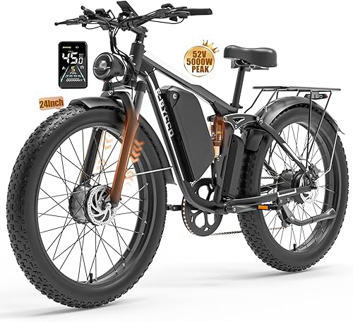 EBycco 5000W Dual Motor Ebike for Adults Electric Bike 52V 32AH, Max 40-45 MPH, 100 Miles Long Range, Full Suspension Hydraulic Disc Brake E-Bikes, 24