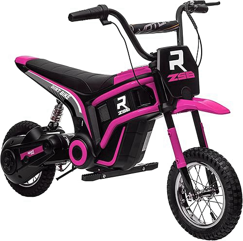 Aosom Electric Dirt Bike with Twist Grip Throttle, 24V 350W Off-Road Electric Motorcycle, Up to 15 MPH with Brake, Music Horn, Rear Suspension for Ages 13+ Years, Pink