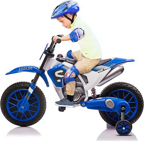 TOBBI Kids Motorcycle Dirt Bike 12V Electric Motorcycles Ride on Toys Battery Powered Motorbike Off-Road Motocross for Toddler Boys Girls 3+Years w/ 2 Speeds, 35W Dual Motors, Training Wheels, Blue