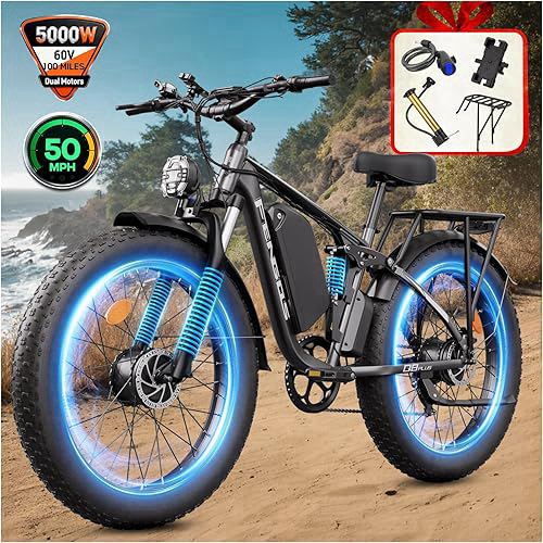 5000W/4000W Peak Electric Bike for Adults, 50MPH/40MPH Dual Motor Ebike, 60V/52V 1200WH E Bike, 100 Miles Bicycle, Full Suspension, Dual Hydraulic Disc Brake Ebike, Charge Voltage 67.2V/58.8V