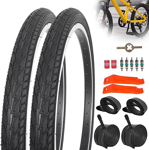 2Sets 20x1.75 Street Tires and Tubes, Puncture Resistant Folding Bike Tire Sets 47-406 Compatible with Road Bike Street Bicycle E-Bike Wheelchair Low Resistance All Black Sidewall