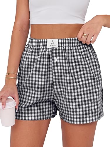 ANRABESS Boxer Shorts for Women Gingham Pajama