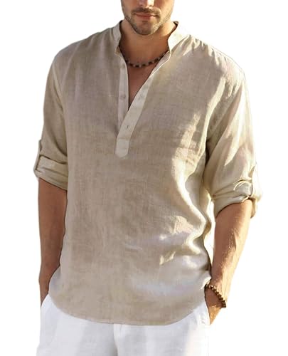 COOFANDY Men's Cotton Linen Henley T-Shirt Long