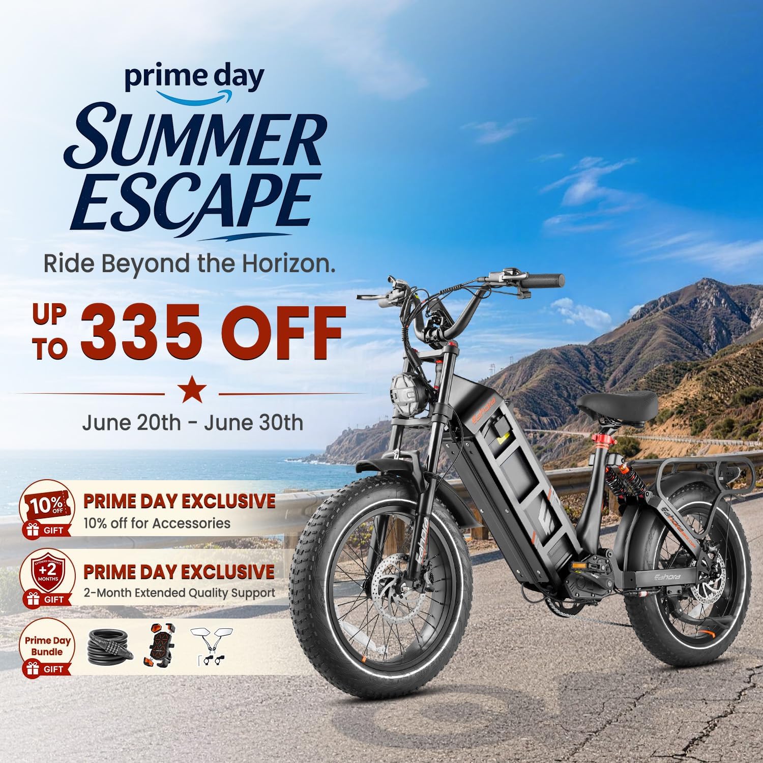 eAhora Juliet Pro 2 dual motor electric bike with 20x4 fat tires on off-road trail terrain