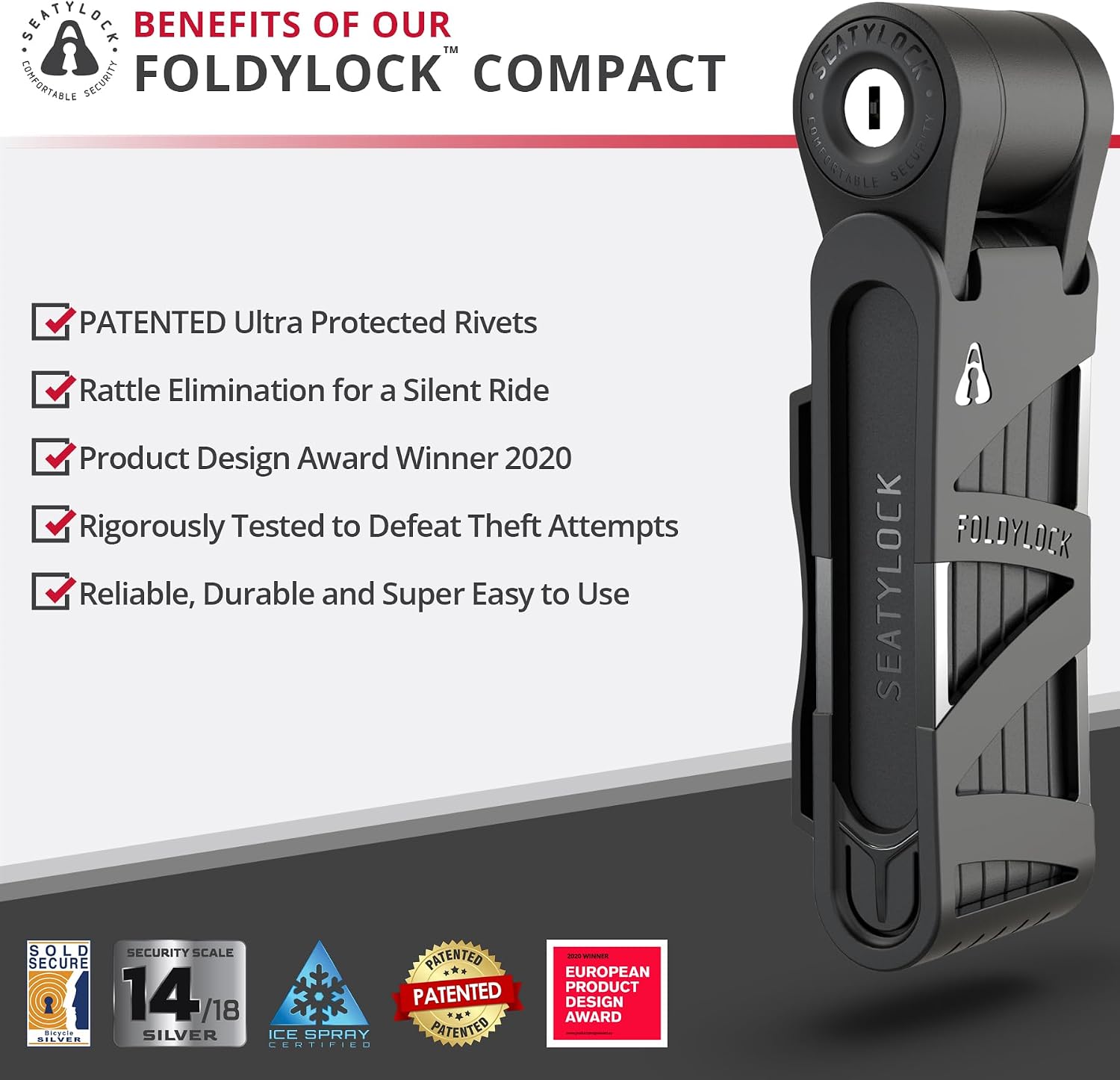 FoldyLock Compact folding bike lock unfolded showing 85 cm hardened steel plate circumference