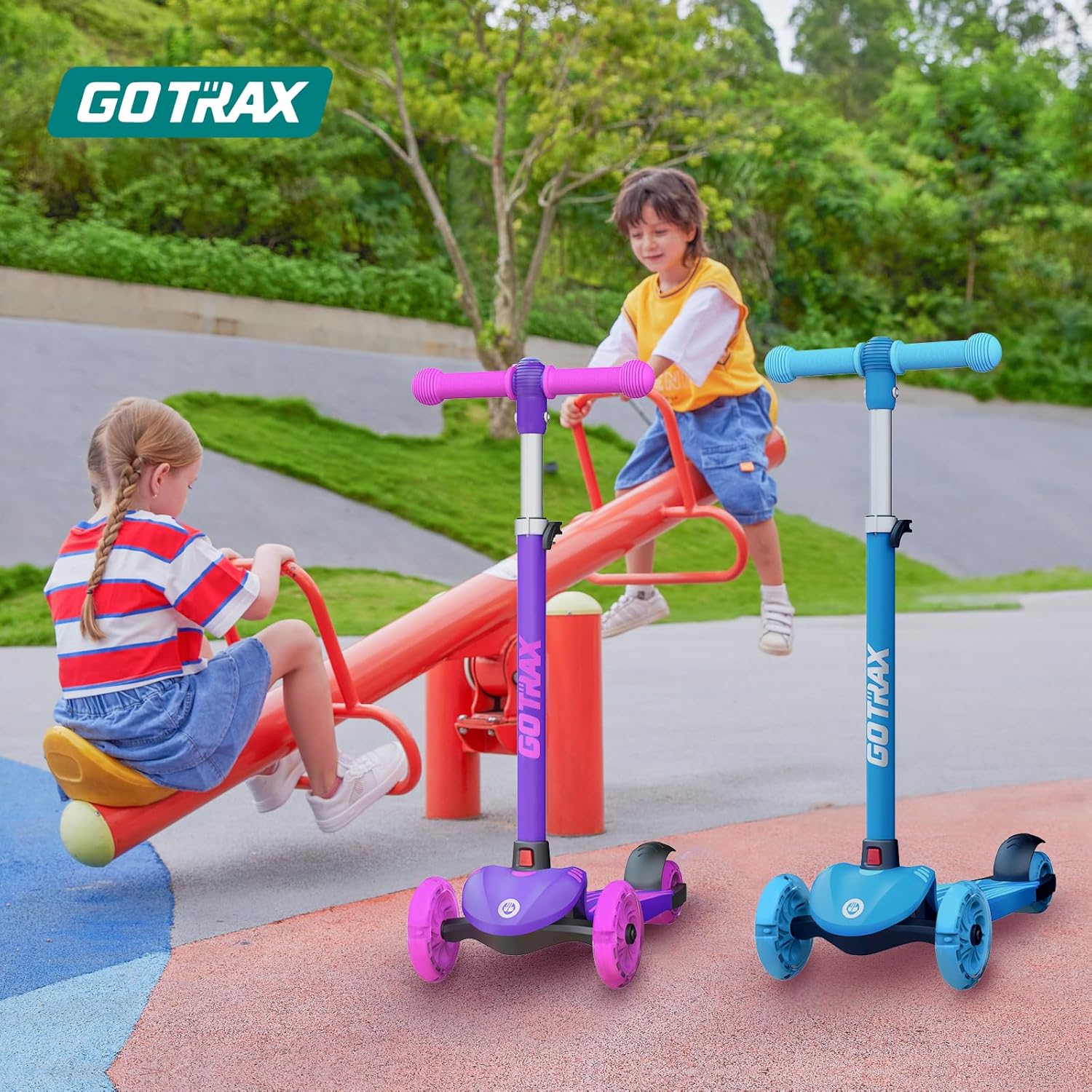 Gotrax KS1 kids scooter LED lighted wheels glowing on three wheel kick scooter