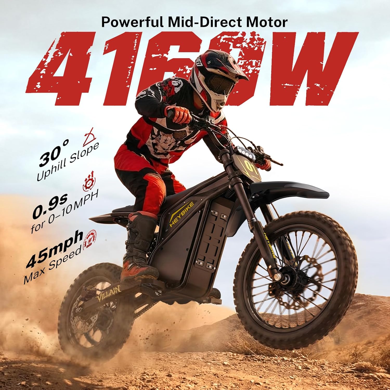Heybike Villain electric dirt bike riding off-road with 4160W mid-drive motor at 45 MPH