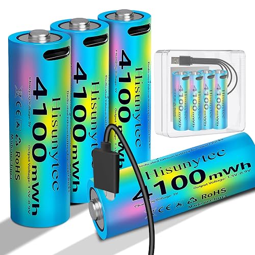 Hisunytec 4100mWh AA Rechargeable Lithium Batteries 4-Pack