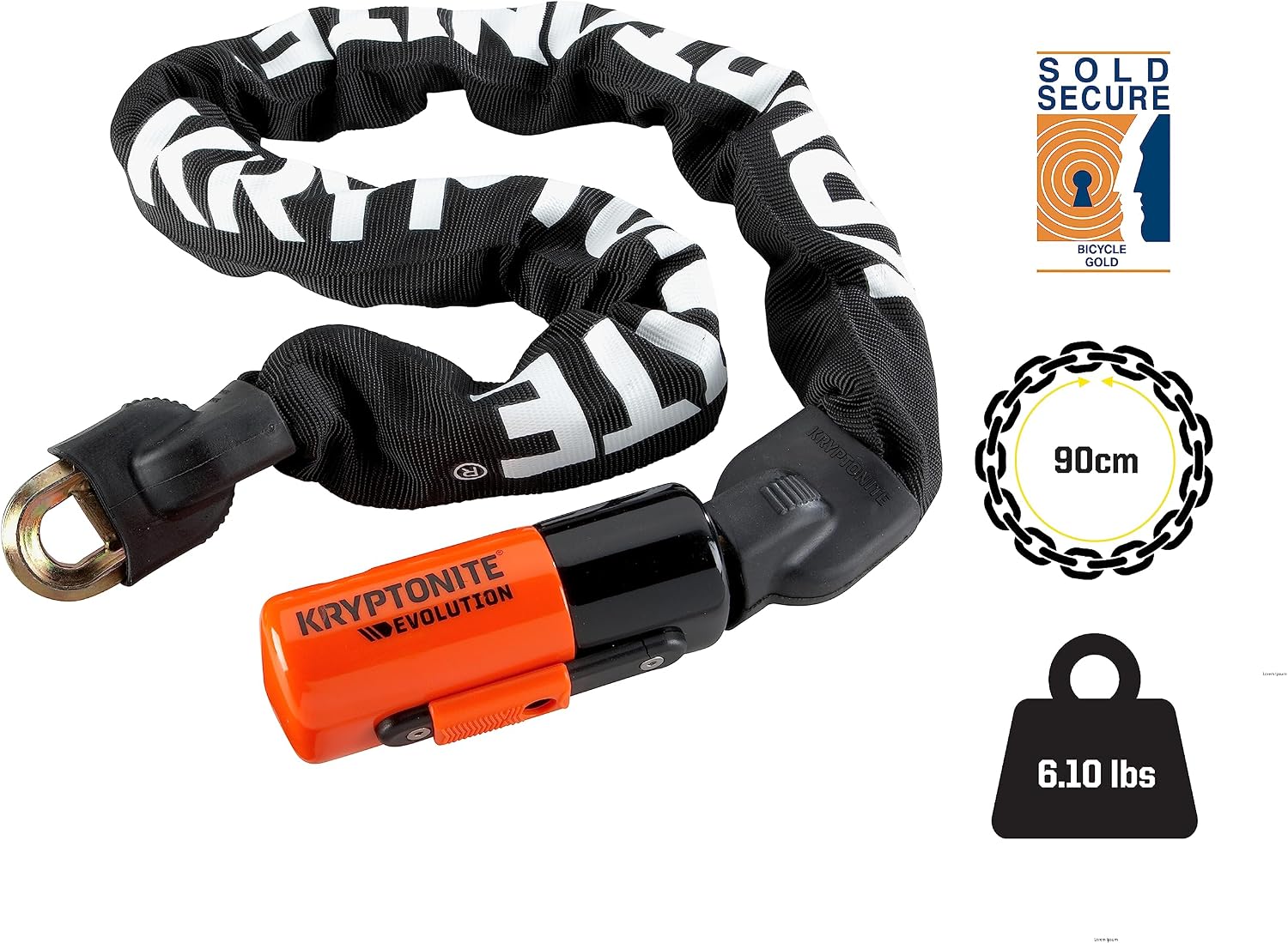 Kryptonite Evolution 1090 heavy-duty bike chain lock securing a black e-bike to a metal railing with E-Bike Approved badge