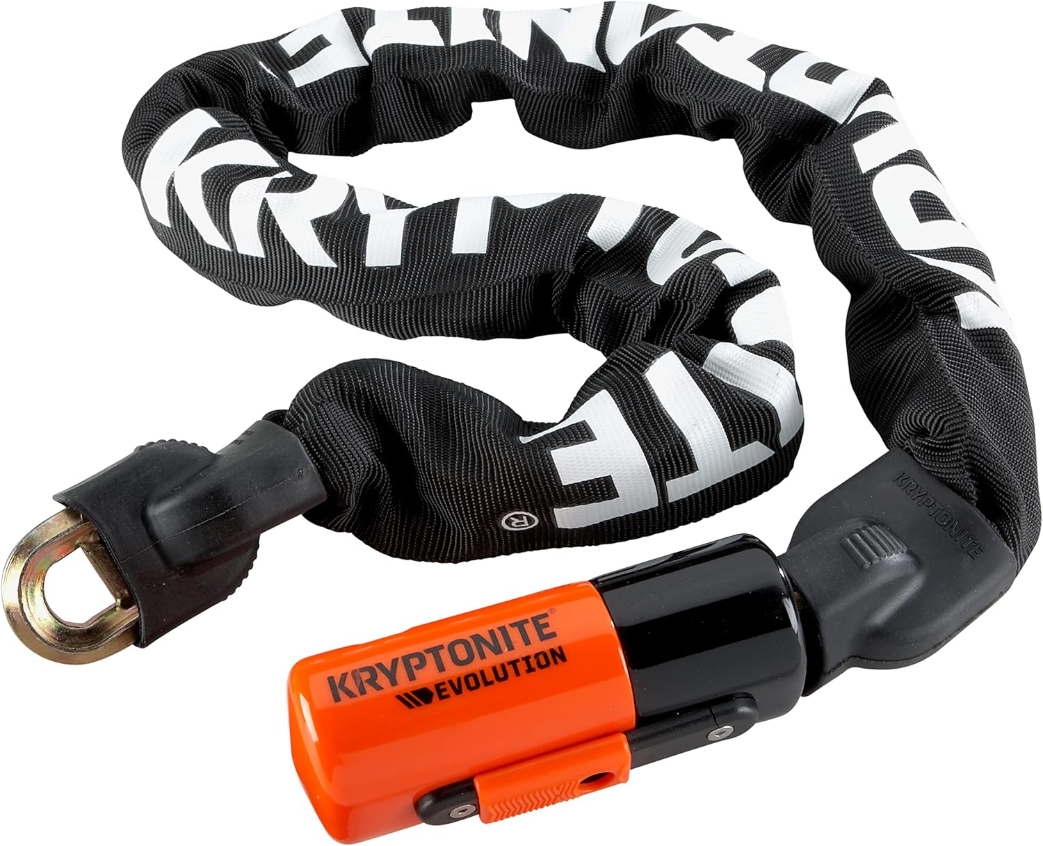 Kryptonite Evolution 1090 heavy-duty 10mm steel bike chain lock with protective black nylon sleeve and high-security orange lock head