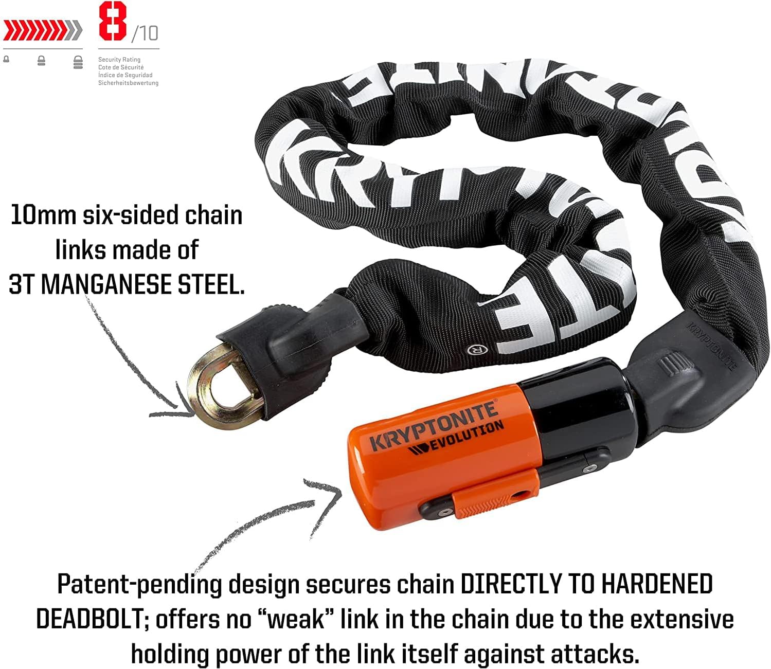 Kryptonite Evolution 1090 technical diagram showing 8/10 security rating and 10mm six-sided 3T manganese steel chain links