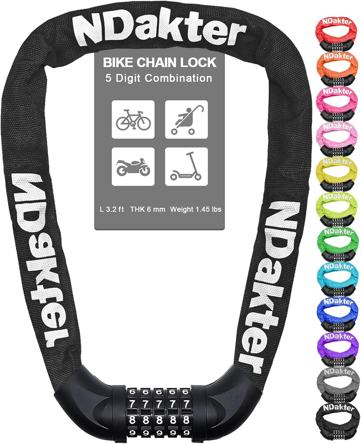 NDakter 5-Digit Combination Bike Chain Lock