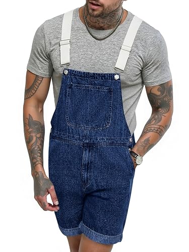 Runcati Mens Denim Shorts Bib Overall Jean