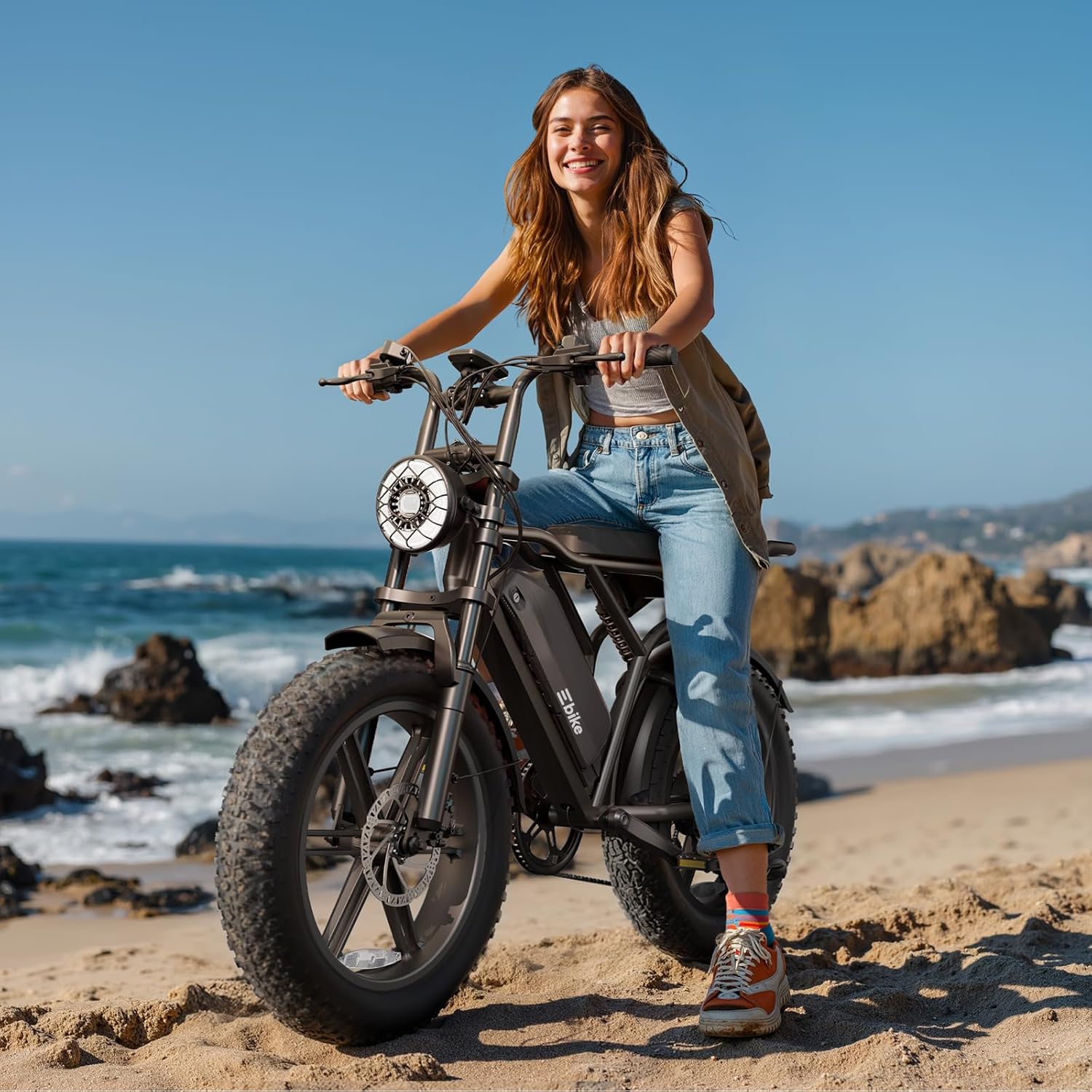 TST electric bike full suspension front fork and rear coil shock on off-road desert terrain fat tire ebike