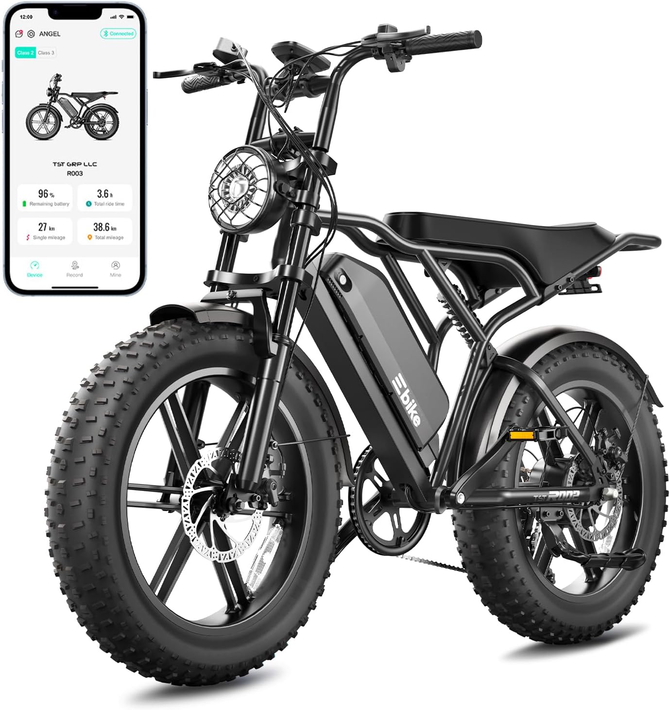 TST R002 electric bike for adults with ANGEL companion app, 20 inch fat tires, full suspension, and removable 48V 15Ah battery