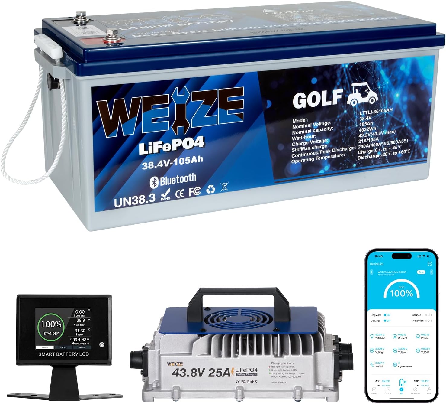 WEIZE Golf Cart Bluetooth LiFePO4 Battery