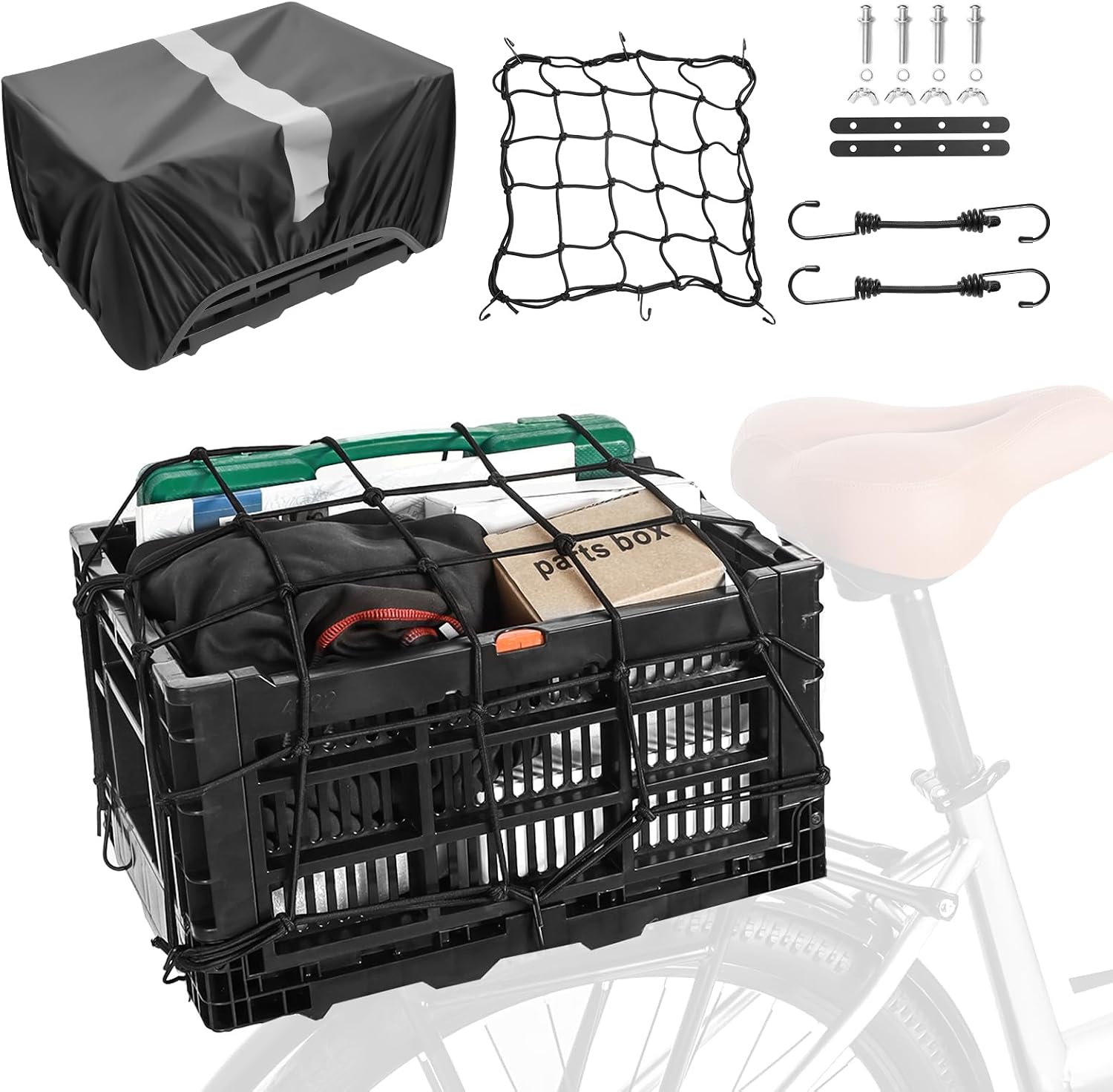 YEEGO DIRECT Foldable Rear Bike Basket: Collapsible Plastic Cargo Crate