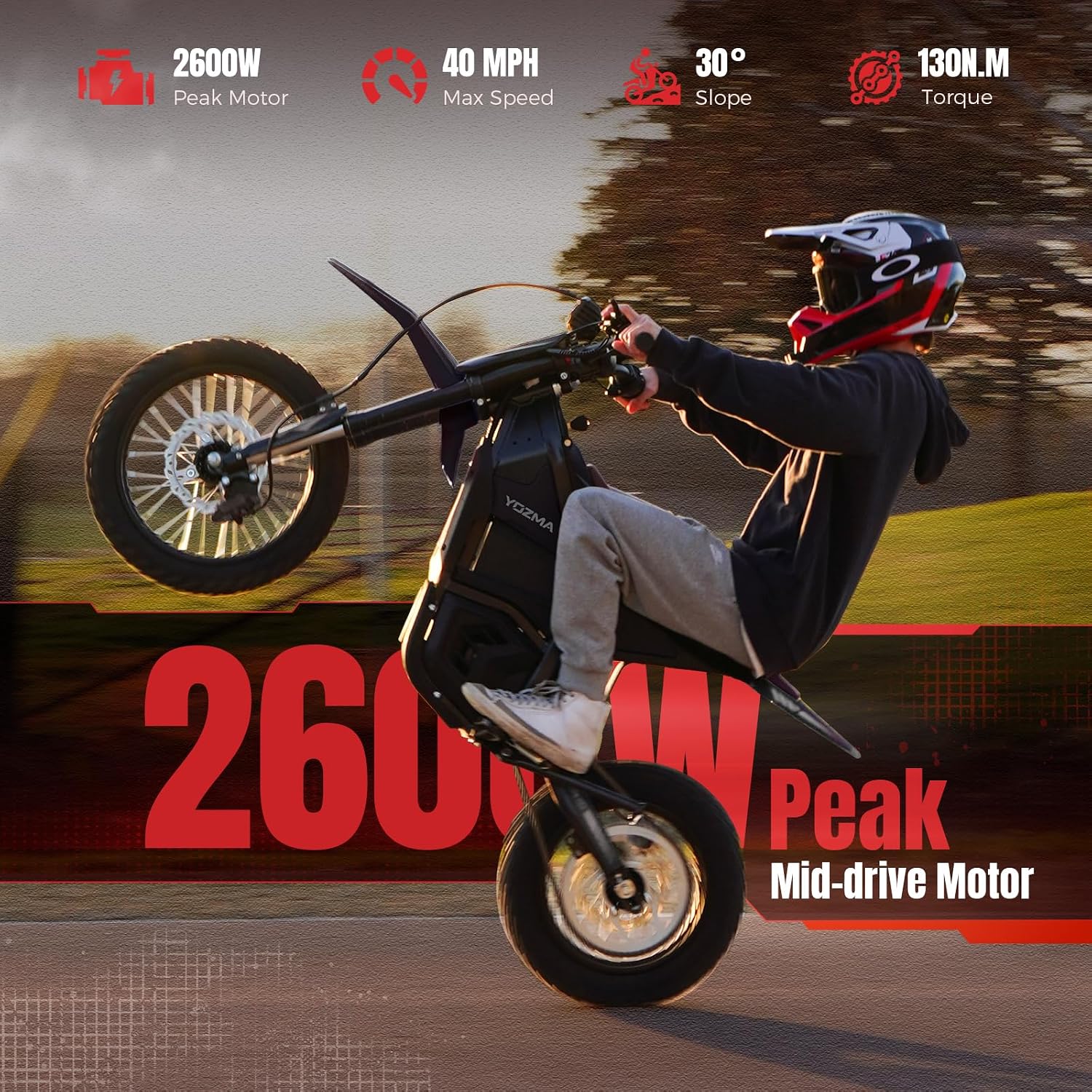 Yozma IN10 3000W electric dirt bike riding off-road with mid-drive motor and knobby tires