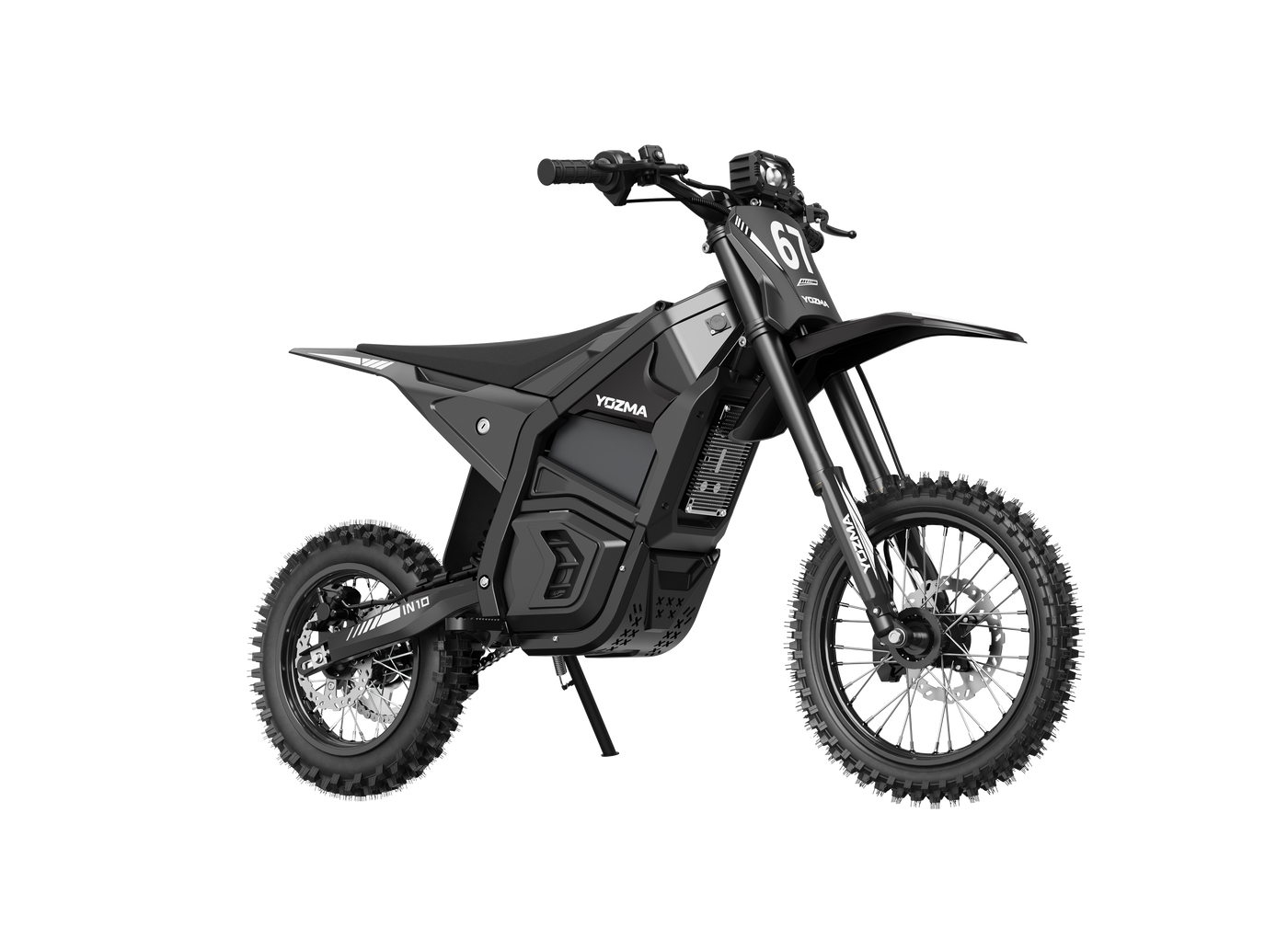 Yozma IN10 electric dirt bike dimensions showing 41.7 inch wheelbase 38.2 inch height and 265 lb max load