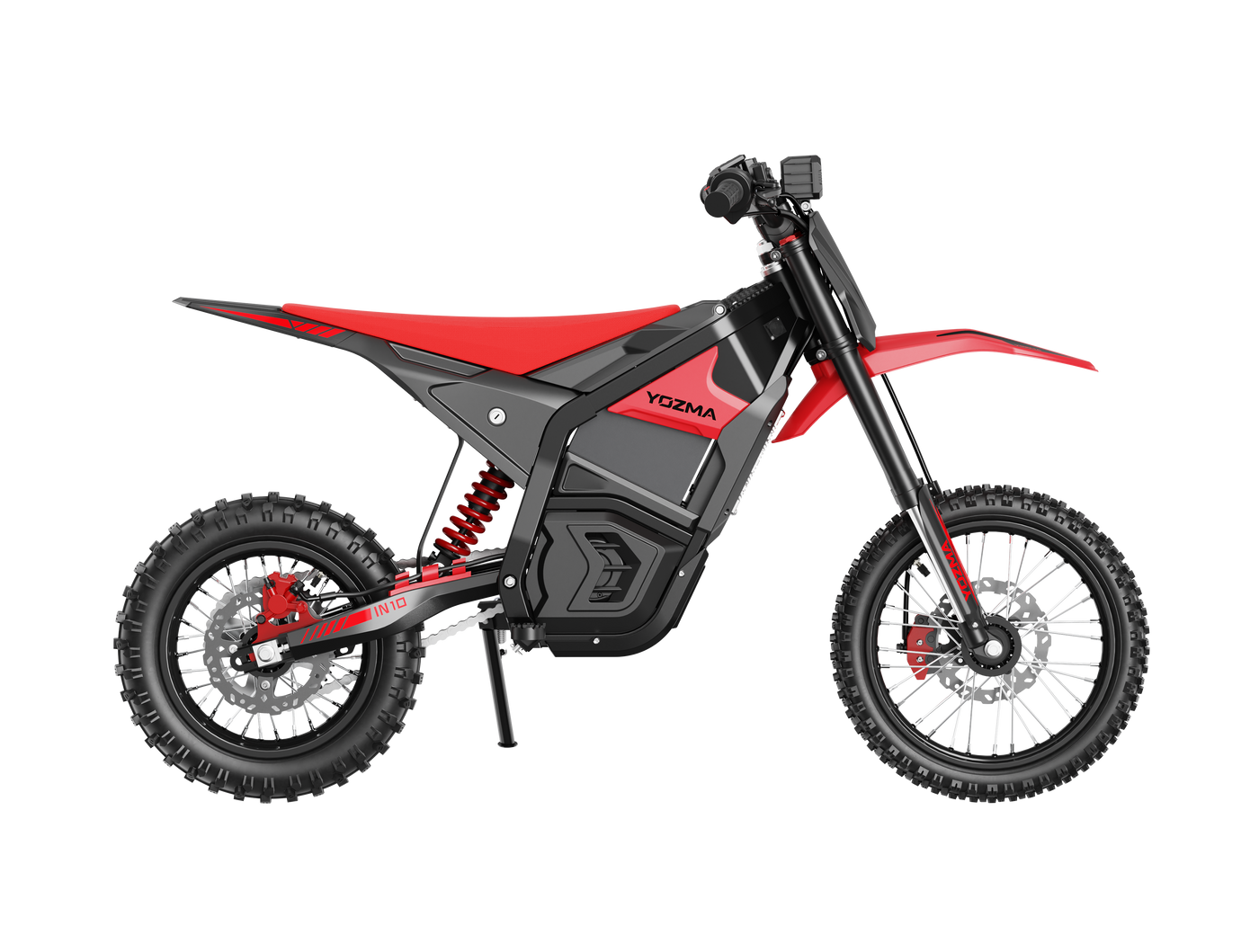 Yozma IN10 electric dirt bike in matte black with knobby off-road tires and full suspension