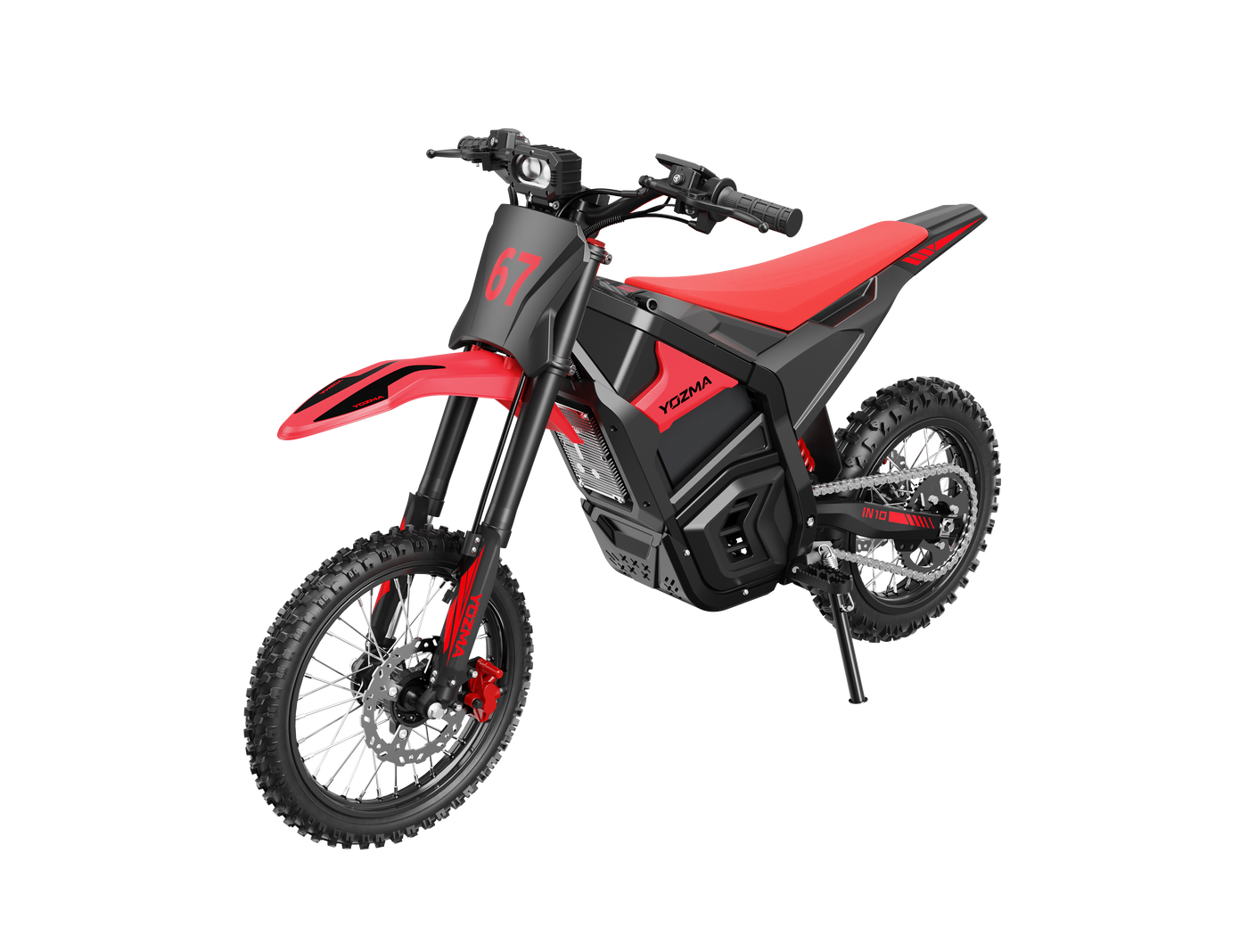 Yozma IN10 electric dirt bike side profile on stand showing hydraulic disc brakes and knobby tires